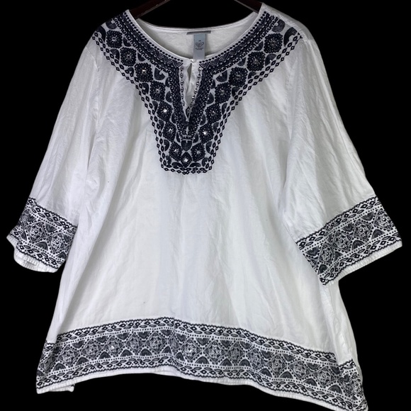 Catherines 3X 22 24 Top Tunic Shirt White Black Peasant Bohemian Flowy - Picture 1 of 5